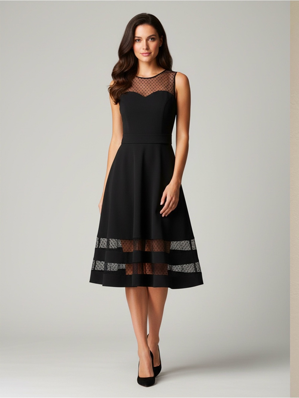 Eliza J Black Fit and Flare Mini Dress Lace top and Lace insets in Skirt